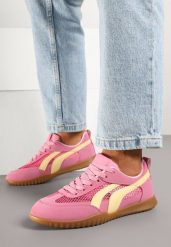 Fuksjowe Sneakersy w Stylu Tenisówek Ozdobione Paskami Amooshea. Czerwone obuwie sportowe damskie Born2be, z jeansu, bez zapięcia, tenisowe. Za 84.99 zł.