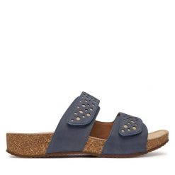 Klapki Josef Seibel. Niebieskie klapki damskie Josef Seibel, bez wzorów, bez obcasa, bez zapięcia. Za 389.99 zł.