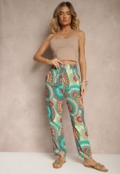 Zielone Szerokie Spodnie z Bawełny High Waist w Abstrakcyjny Wzór Jorivaess. Zielone spodnie materiałowe damskie Renee, bez wzorów, z bawełny. Za 29.99 zł.