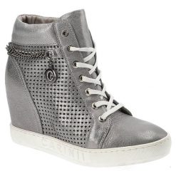 Srebrne Sneakersy Carinii Skórzane Buty Na Koturnie. Szare obuwie sportowe damskie Carinii, na wiosnę, ze skóry, bez zapięcia. Za 299.00 zł.