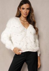 Biały Kardigan z Dłuższym Włosiem w Perły i Cyrkonie Aretina. Białe kardigany damskie Renee, bez wzorów, z tkaniny. Za 219.99 zł.