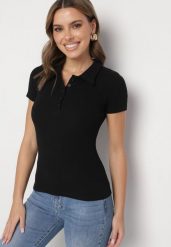 Czarny Bawełniany T-shirt Prążkowany Typu Polo z Guzikami Avelavia. Czarne t-shirty damskie Born2be, m, bez wzorów, z bawełny, bez kołnierzyka. Za 59.99 zł.