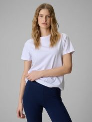 4F T-shirt regular gładki damski - biały XL. Białe t-shirty damskie 4F, uniwersalny, bez wzorów, z materiału, bez kołnierzyka. Za 49.99 zł.
