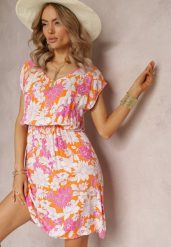 Pomarańczowa Rozkloszowana Mini Sukienka z Wiskozy w Kwiatowy Print i z Gumką w Pasie Yapta. Brązowe sukienki damskie Renee, bez wzorów, z wiskozy, bez ramiączek. W wyprzedaży za 35.99 zł.
