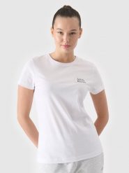 4F T-shirt slim z nadrukiem damski - biały XS. Białe t-shirty damskie 4F, xs, bez wzorów, z bawełny, bez kołnierzyka. W wyprzedaży za 29.99 zł.