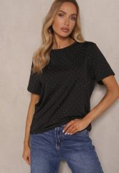 Czarny T-shirt z Wiskozą Ozdobiony Cyrkoniami Sanelisea. Czarne t-shirty damskie Renee, l, bez wzorów, z jeansu, bez kołnierzyka. Za 69.99 zł.