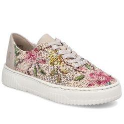 Półbuty damskie ażurowe w kwiaty beżowe Rieker N9919-91. Brązowe półbuty damskie Rieker, w ażurowe wzory, z tkaniny, bez obcasa, bez zapięcia. Za 349.00 zł.