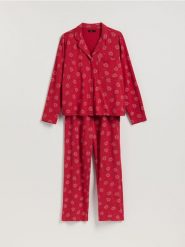 Dwuczęściowa piżama ze świątecznym nadrukiem - czerwony. Czerwone piżamy damskie Reserved, bez wzorów, z bawełny, bez ramiączek. Za 129.99 zł.