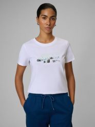 4F T-shirt regular z nadrukiem damski - biały XS. Białe t-shirty damskie 4F, xs, bez wzorów, z bawełny, bez kołnierzyka. Za 59.99 zł.