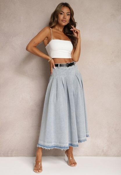 Jasnoniebieska Rozkloszowana Spódnica Jeansowa z Paskiem z Klamrą Varnie. Niebieskie spódnice damskie Renee, na uczelnię, l, bez wzorów, z jeansu, maxi. Za 199.99 zł.