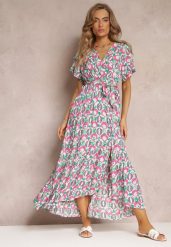 Różowa Sukienka z Wiskozy i Kopertowym Dekoltem w Fantazyjny Print Abai. Czerwone sukienki damskie Renee, z aplikacjami, z wiskozy, bez ramiączek. W wyprzedaży za 67.99 zł.