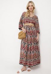 Czarno-Bordowa Długa Sukienka Rozkloszowana z Rękawami 3/4 we Wzór Paisley Amarethia. Czarne sukienki damskie Born2be, bez wzorów, boho, bez ramiączek. W wyprzedaży za 87.99 zł.