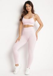 Jasnoróżowy Komplet Sportowy Biustonosz na Ramiączkach i Legginsy z Gumką w Pasie Nadlira. Czerwone legginsy damskie Born2be, m, bez wzorów. Za 79.99 zł.