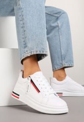 Białe Sneakersy Ozdobione Paskami Suwakiem i Napisami Toslira. Białe obuwie sportowe damskie Born2be, z jeansu, bez zapięcia. Za 64.99 zł.