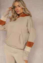 Beżowa Bawełniana Bluza z Kapturem i Wstawkami z Polaru Qilin. Brązowe bluzy damskie Renee, z aplikacjami, z bawełny, z kapturem. Za 84.99 zł.