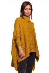 Asymetryczny swobodny sweter jak ponczo z golfem żółty. Żółte golfy damskie Polskie swetry, uniwersalny, ze splotem, z asymetrycznym kołnierzem. Za 259.00 zł.