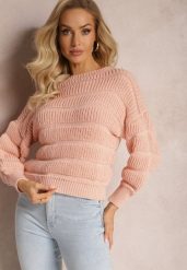 Różowy Sweter o Krótszym Luźnym Fasonie Olimppia. Czerwone swetry klasyczne damskie Renee, na zimę, bez kołnierzyka. Za 79.99 zł.