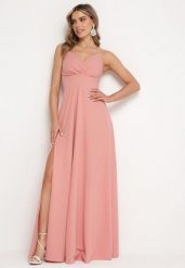 Ciemnoróżowa Rozkloszowana Klasyczna Sukienka z Kopertowym Dekoltem na Cienkich Ramiączkach z Rozcięciem Vinelia. Czerwone sukienki damskie Born2be, bez wzorów, eleganckie, bez ramiączek. Za 199.99 zł.