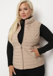 Beżowa Pikowana Kamizelka o Klasycznym Kroju ze Stójką i Zasuwanymi Kieszeniami Celoriah. Brązowe kamizelki damskie Born2be, plus size, bez wzorów, z jeansu, bez kaptura. Za 74.99 zł.