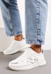 Białe Sznurowane Sneakersy z Siateczkowymi Wstawkami Garnela. Białe obuwie sportowe damskie Born2be, z jeansu, bez zapięcia. Za 49.99 zł.