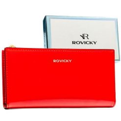 Czerwony, duży portfel damski ze skóry ekologicznej zamykany suwakiem i zatrzaskiem - Rovicky. Czerwone portfele damskie ROVICKY, bez wzorów, ze skóry ekologicznej. Za 69.99 zł.
