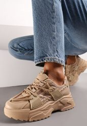 Ciemnobeżowe Sneakersy na Grubej Podeszwie z Sznurowaniem Paciva. Brązowe obuwie sportowe damskie Renee, bez zapięcia. Za 89.99 zł.