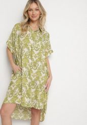 Ciemnozielona Pudełkowa Sukienka Koszulowa z Wiskozy w Ornamentalny Print Vanisse. Zielone sukienki damskie Born2be, bez wzorów, z wiskozy, bez ramiączek. Za 89.99 zł.