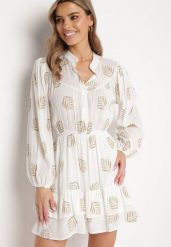 Biała Rozkloszowana Sukienka Mini z Falbanką w Liście Rianle. Białe sukienki damskie Born2be, bez wzorów, bez ramiączek. W wyprzedaży za 144.49 zł.