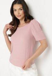Różowy Prążkowany T-shirt z Zakładkami przy Rękawach Kolanovia. Czerwone t-shirty damskie Born2be, l, bez wzorów, z jeansu, bez kołnierzyka. Za 34.99 zł.