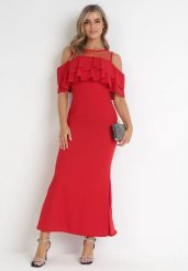 Czerwona Taliowana Sukienka bez Rękawów z Falbanką Cynanthe. Czerwone sukienki damskie Born2be, bez wzorów, bez ramiączek. Za 149.99 zł.