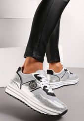 Srebrne Brokatowe Sneakersy na Grubej Podeszwie Lelina. Szare obuwie sportowe damskie Renee, bez zapięcia. Za 54.99 zł.