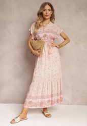 Jasnoróżowa Rozkloszowana Sukienka Maxi z Gumkami w Pasie z Bawełny Besie. Czerwone sukienki damskie Renee, bez wzorów, z bawełny, bez ramiączek. W wyprzedaży za 67.99 zł.