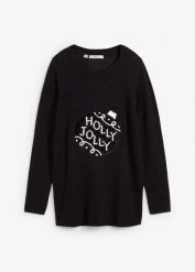 Sweter bożonarodzeniowy z obracanymi cekinami. Czarne swetry klasyczne damskie bonprix, bez kołnierzyka. Za 129.99 zł.