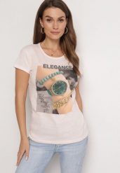 Jasnoróżowy Bawełniany T-shirt z Prostokątnym Nadrukiem i Brokatem Silpa. Czerwone t-shirty damskie Born2be, l, bez wzorów, z bawełny, bez kołnierzyka. Za 49.99 zł.