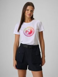 4F T-shirt regular z nadrukiem damski - biały M. Białe t-shirty damskie 4F, m, bez wzorów, z bawełny, bez kołnierzyka. Za 59.99 zł.