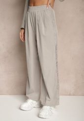 Jasnoszare Szerokie Spodnie z Bawełną High Waist Ozdobione Koronką Efandiela. Szare spodnie materiałowe damskie Renee, bez wzorów, z bawełny, długie. Za 49.99 zł.