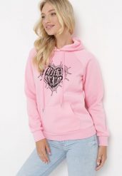 Różowa Bluza z Kapturem i Nadrukiem oraz Ściągaczami Sitta. Czerwone bluzy damskie Born2be, m, bez wzorów, z kapturem. Za 84.99 zł.