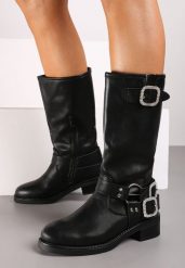 Czarne Płaskie Botki w Stylu Biker z Cyrkoniami i Klamrami Arklena. Czarne botki damskie Born2be, na zimę, eleganckie, bez obcasa, na płaskiej podeszwie, bez zapięcia. Za 179.99 zł.