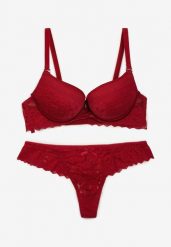 Bordowy Koronkowy Komplet Bielizny Biustonosz Usztywniony Push Up i Stringi Jasminesa. Czerwone komplety bielizny Renee, z aplikacjami, z koronki. Za 44.99 zł.