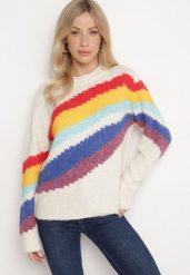 Jasnobeżowy Sweter z Poprzecznymi Paskami Rentina. Brązowe swetry klasyczne damskie Born2be, uniwersalny, z jeansu, bez kołnierzyka. Za 139.99 zł.