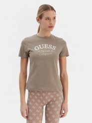 Guess T-Shirt V6RI02 J1314 Beżowy Regular Fit. Brązowe t-shirty damskie Guess, s, z aplikacjami, z bawełny, bez kołnierzyka. Za 159.99 zł.