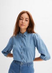 Bluzka jeansowa z rękawami bufkami, z bawełny organicznej. Niebieskie bluzki damskie bonprix, bez wzorów, z bawełny, bez kołnierzyka, bez ramiączek. Za 129.99 zł.