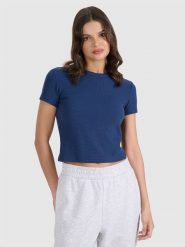 4F T-shirt slim z waflowej dzianiny damski - granatowy XS. Niebieskie t-shirty damskie 4F, xs, bez wzorów, z dzianiny, bez kołnierzyka. W wyprzedaży za 29.99 zł.