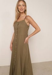 Zielona Sukienka z Wiskozą Lnem i Koralikami na Ramiączkach Coranella. Zielone sukienki damskie Born2be, z aplikacjami, ze lnu, eleganckie, bez ramiączek. Za 169.99 zł.