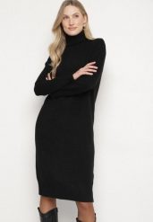 Czarna Dzianinowa Sukienka z Bawełną o Prostym Kroju z Golfem Tesala. Czarne sukienki damskie Born2be, bez wzorów, z bawełny, biznesowe, bez ramiączek. Za 99.99 zł.