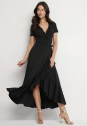 Czarna Sukienka z Paskiem Kopertowa Ozdobiona Falbanami Wleffia. Czarne sukienki damskie Born2be, bez wzorów, eleganckie, bez ramiączek. Za 189.99 zł.