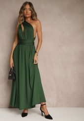 Ciemnozielona Sukienka Koktajlowa Multiway z Wiskozą Wiązana na Szyi Lilovea. Zielone sukienki damskie Renee, bez wzorów, z wiskozy, eleganckie, bez ramiączek. Za 189.99 zł.