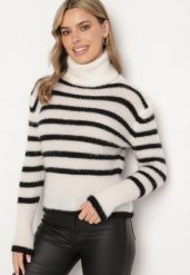 Biały Klasyczny Golf Ozdobiony Paskami Nelonis. Białe golfy damskie Born2be, s, bez wzorów, z jeansu, bez ramiączek. Za 89.99 zł.