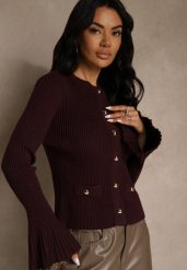 Bordowy Elegancki Prążkowany Kardigan z Wiskozą Guzikami i Rozszerzanymi Rękawami Otila. Czerwone kardigany damskie Renee, s, bez wzorów, z jeansu. Za 89.99 zł.