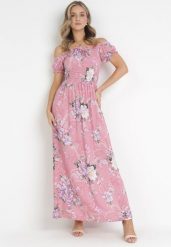 Różowa Sukienka Maxi w Kwiaty z Ozdobnym Wiązaniem przy Dekolcie i Krótkimi Rękawami Paninthe. Czerwone sukienki damskie Born2be, bez wzorów, z tkaniny, bez ramiączek. Za 99.99 zł.